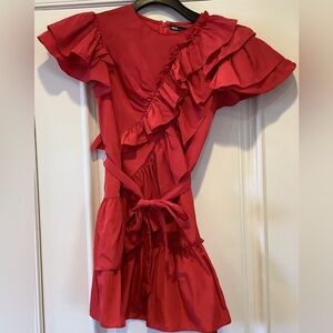 New INA Fashion USA Rudi Ruffle Mini Dress Red Size Small Asymmetrical Sleeves